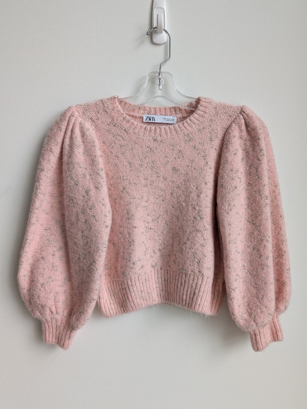 ZARA Pink Metallic Puff Sleeve Cropped Sweater | Small